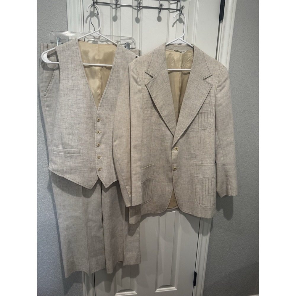Mens Vintage Leisure Suit 70s Beige Off White 50 Regular Flare Leg 3 Piece Vest